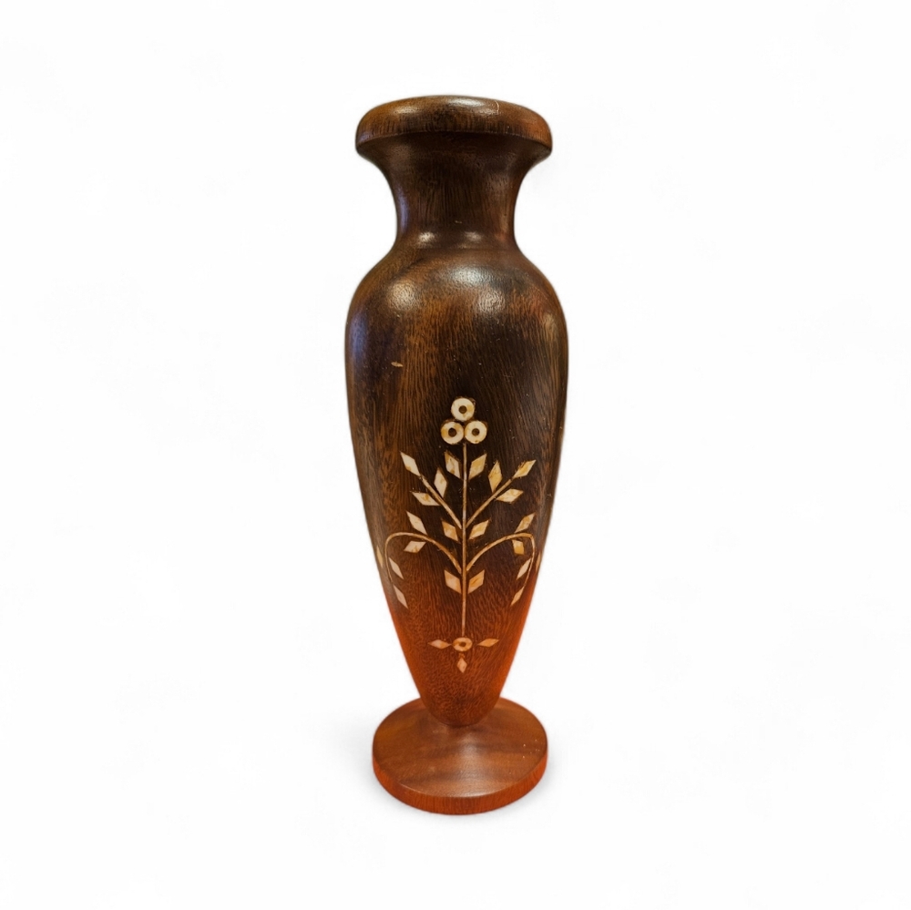 Moroccan Inlaid Wood Hand Carved Vase with Floral Design 10"